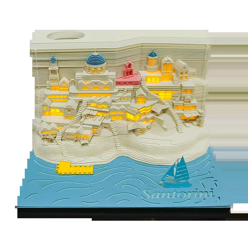 Omoshiroi Block 3D Memo Pads Santorini 3D Notepad Love Sea 3D Sticky Note Cubes Mini Pen Holder Office Accessories Birthday Gift