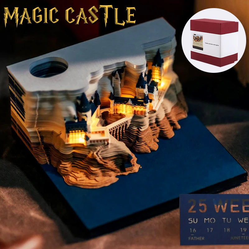 3D Calendar 2024 Magic Castle 3D Notepad Weekly Calendar with Light Creative Memo Pad DIY Decoration Gift for Kids Adult