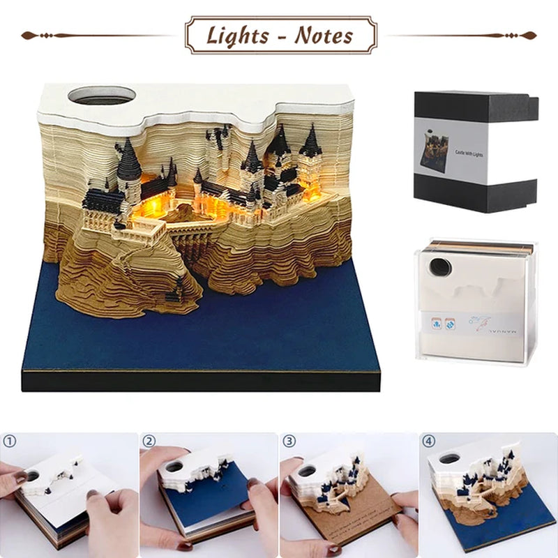 3D Calendar 2024 Magic Castle 3D Notepad Weekly Calendar with Light Creative Memo Pad DIY Decoration Gift for Kids Adult